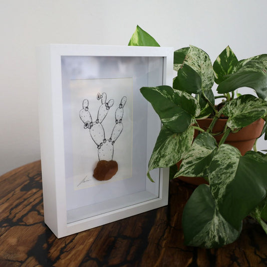 Blooming Prickly Pear & Sea Glass "Dont Be A Prick" (Chunky A5 White Shadow Box Frame, Vertical)