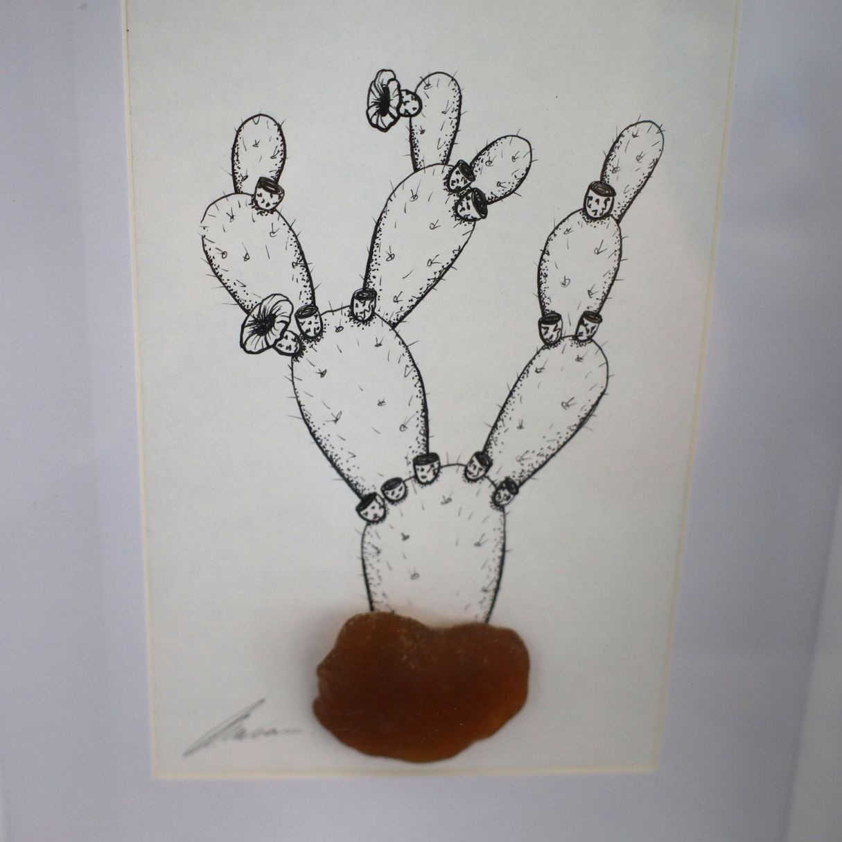 Blooming Prickly Pear & Sea Glass "Dont Be A Prick" (Chunky A5 White Shadow Box Frame, Vertical)