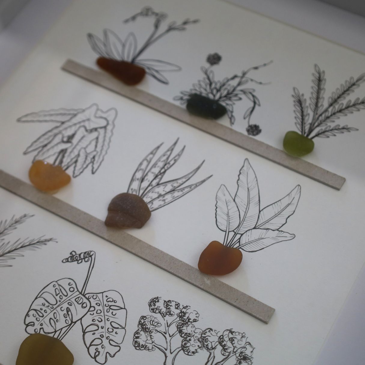 Plants, Sea Glass Pots & Shelves "There’s No Such Thing As Too Many Plants" (A4 White Shadow Box Frame)