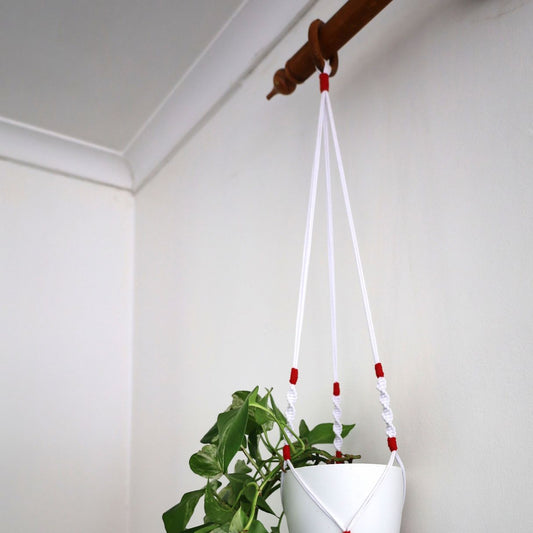 Macramé Plant Hanger "Hang In There" (Hand Knotted) White & Red