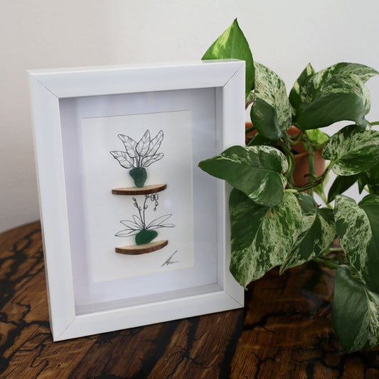 Plants, Sea Glass Pots & Bark Shelf "There’s No Such Thing As Too Nany Plants" (A5 White Shadow Box Frame, Vertical)