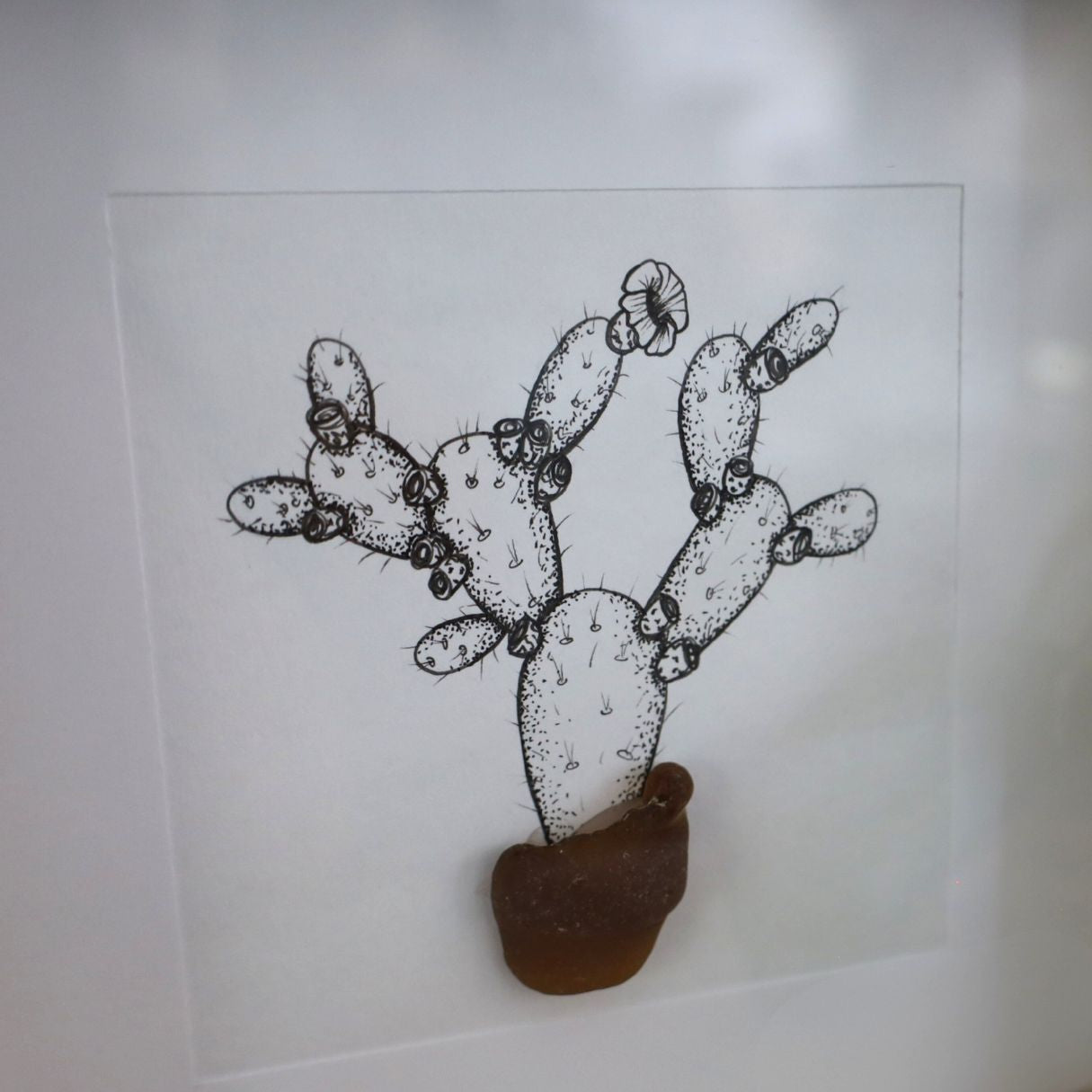 Prickly Pear Sea Glass Pot "Dont Be A Prick" (17x17cm Tan Shadow Box Frame, Square) Sml Bottle Neck