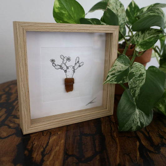 Blooming Prickly Pear Sea Glass Pot "Dont Be A Prick" (17x17cm Tan Shadow Box Frame, Square) Lrg Bottle Neck