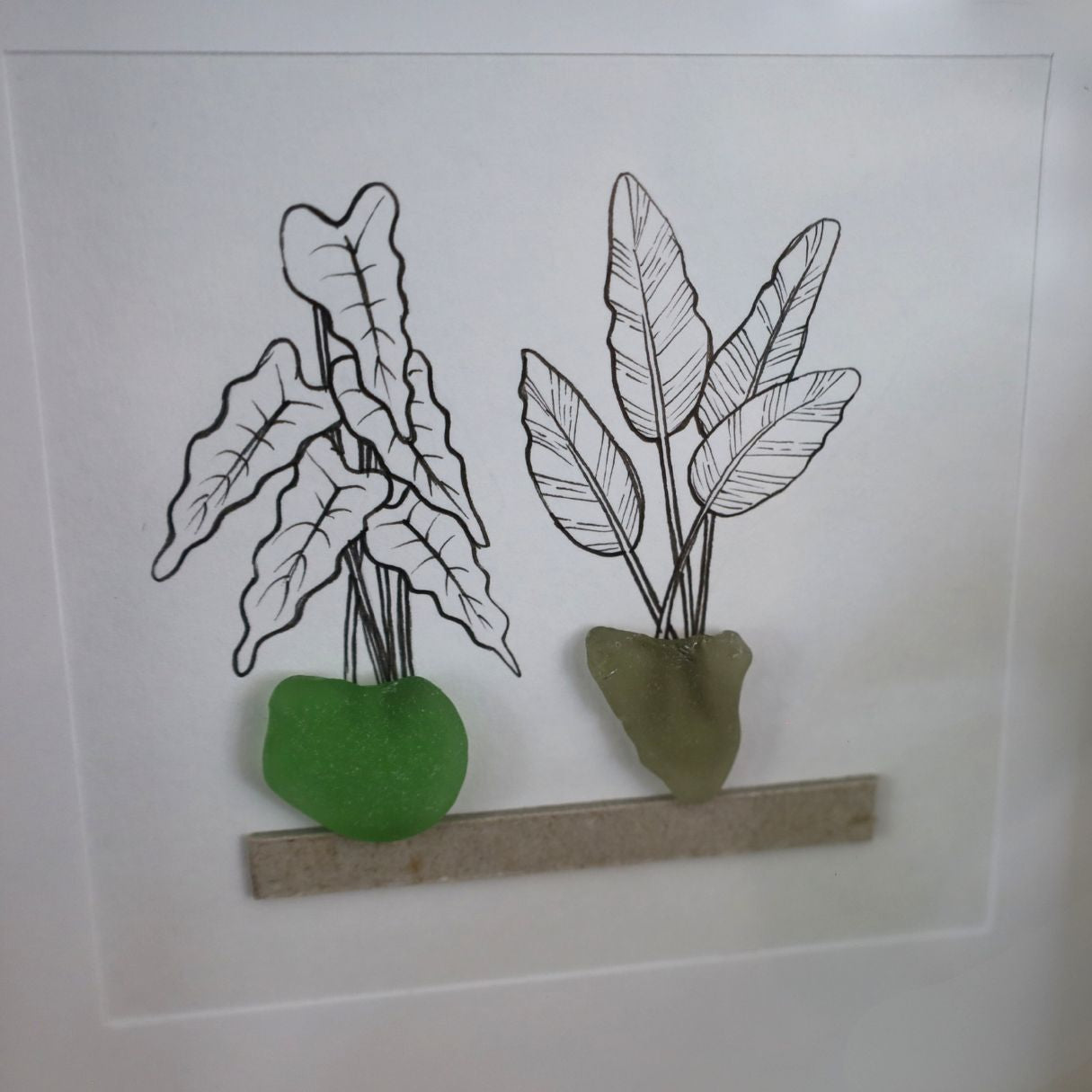 Plants, Sea Glass Pots & Shelf "There’s No Such Thing As Too Many Plants" (17x17cm Tan Shadow Box Frame, Square) Green