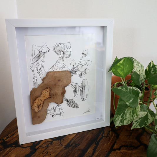 Mushroom & Wild Olive Burst "Fantastic Fungi" (A4 White Shadow Box Frame)