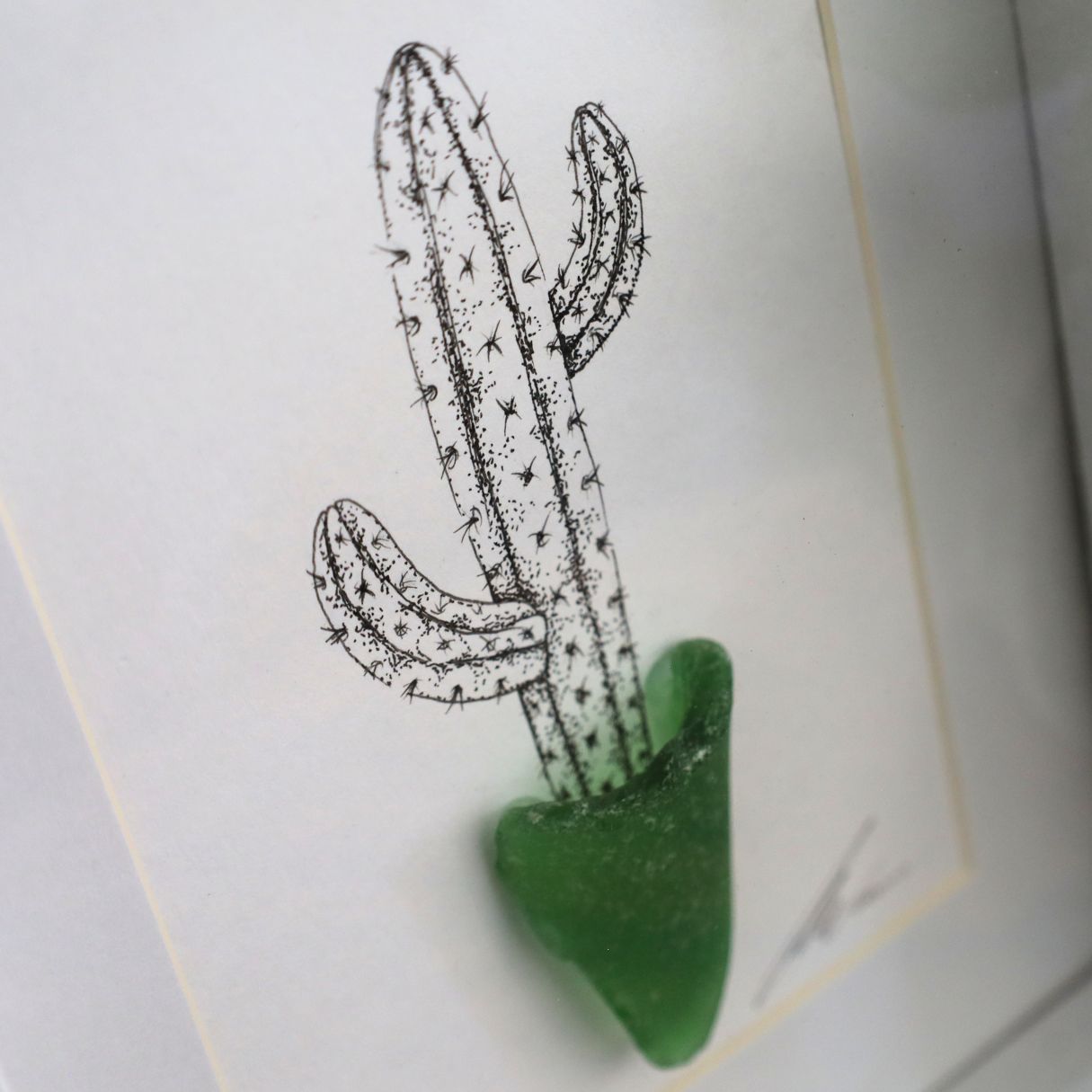 Cactus Sea Glass Pot "Can’t Touch This" (A5 White Shadow Box Frame, Vertical)