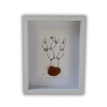 Blooming Prickly Pear & Sea Glass "Dont Be A Prick" (Chunky A5 White Shadow Box Frame, Vertical)