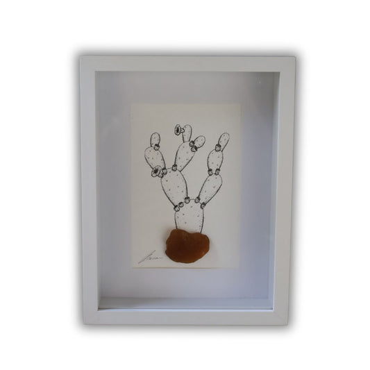 Blooming Prickly Pear & Sea Glass "Dont Be A Prick" (Chunky A5 White Shadow Box Frame, Vertical)
