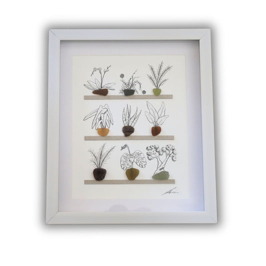 Plants, Sea Glass Pots & Shelves "There’s No Such Thing As Too Many Plants" (A4 White Shadow Box Frame)