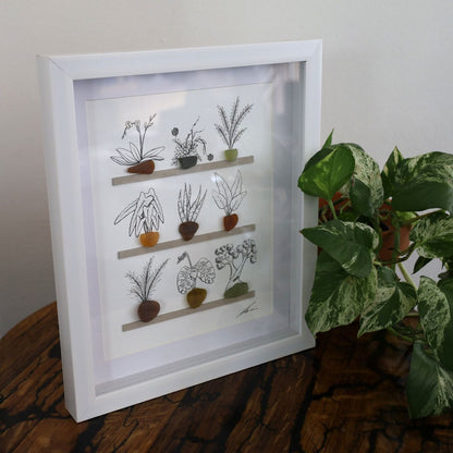 Plants, Sea Glass Pots & Shelves "There’s No Such Thing As Too Many Plants" (A4 White Shadow Box Frame)