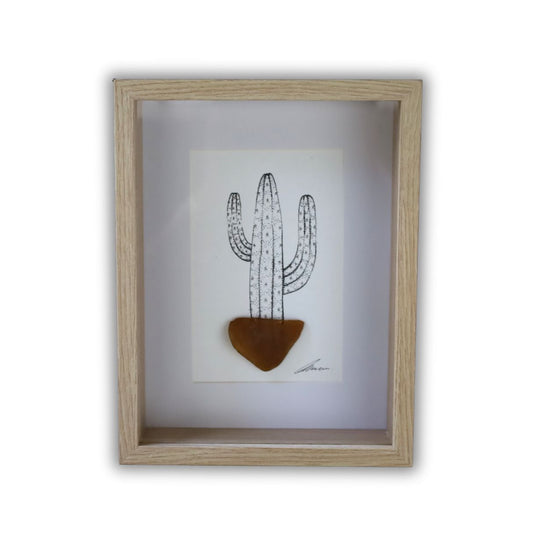 Cacti Sea Glass Pots "Can’t Touch This" (Chunky A5 Tan Shadow Box Frame, Vertical)