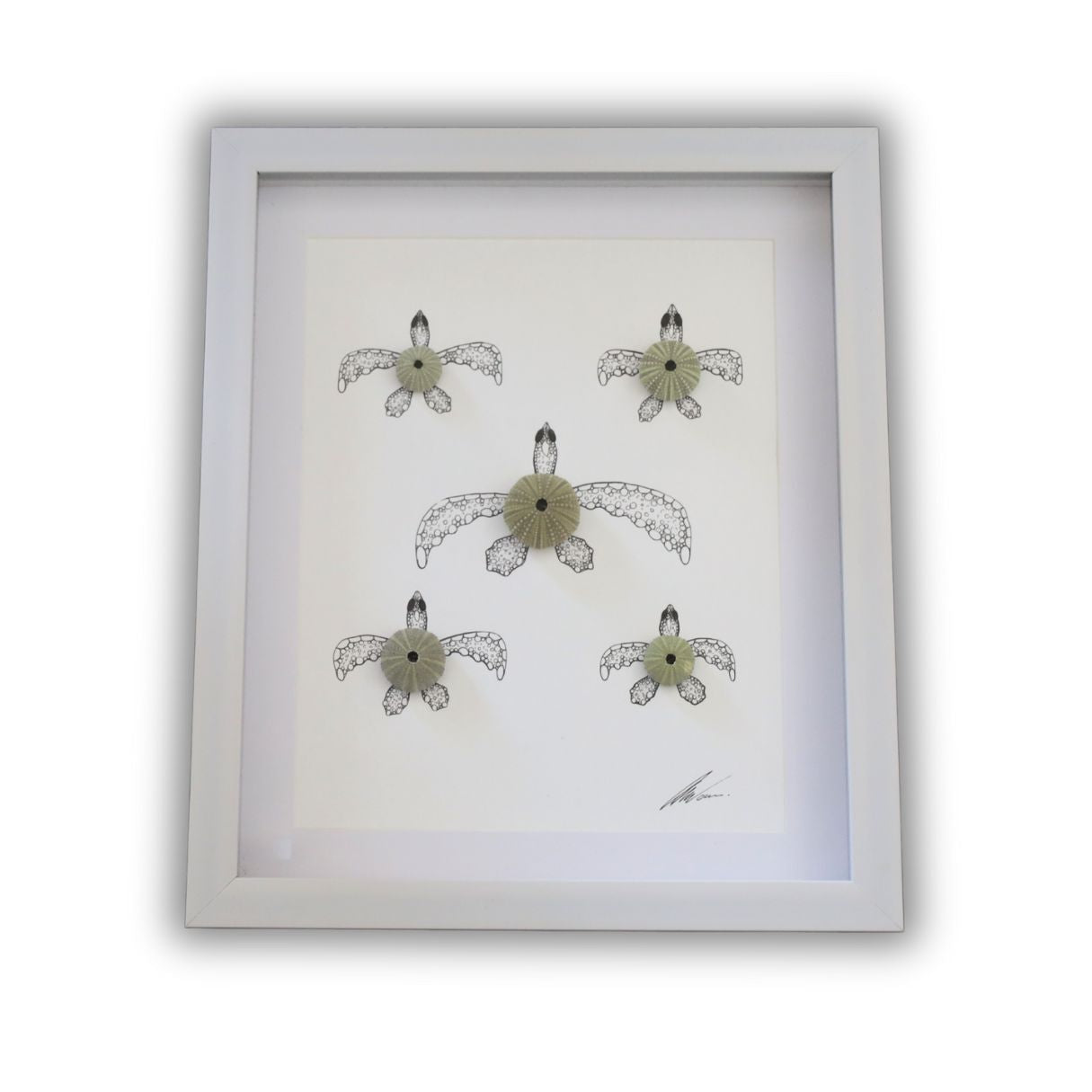Turtles Sea Urchin Family "Just Keep Swimming" (A4 White Shadow Box Frame, Vertical)
