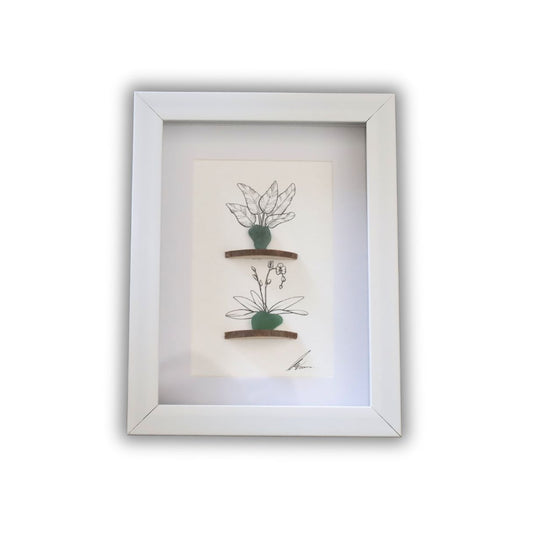 Plants, Sea Glass Pots & Bark Shelf "There’s No Such Thing As Too Nany Plants" (A5 White Shadow Box Frame, Vertical)