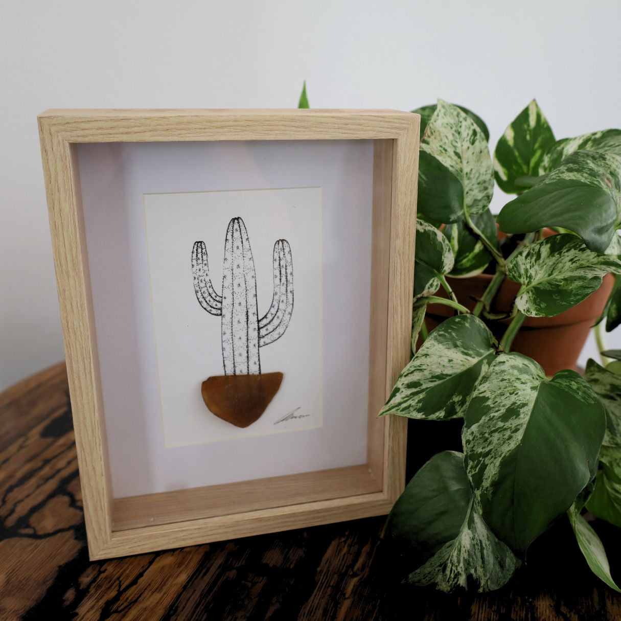 Cacti Sea Glass Pots "Can’t Touch This" (Chunky A5 Tan Shadow Box Frame, Vertical)