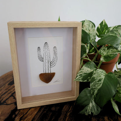 Cacti Sea Glass Pots "Can’t Touch This" (Chunky A5 Tan Shadow Box Frame, Vertical)