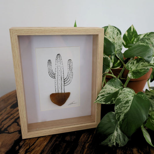 Cacti Sea Glass Pots "Can’t Touch This" (Chunky A5 Tan Shadow Box Frame, Vertical)