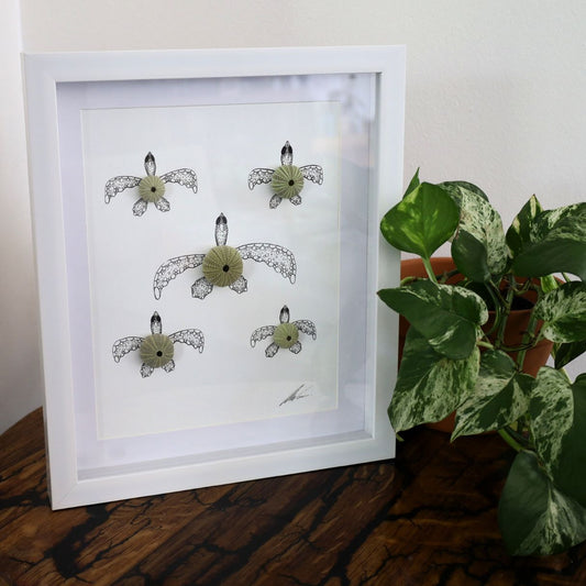 Turtles Sea Urchin Family "Just Keep Swimming" (A4 White Shadow Box Frame, Vertical)