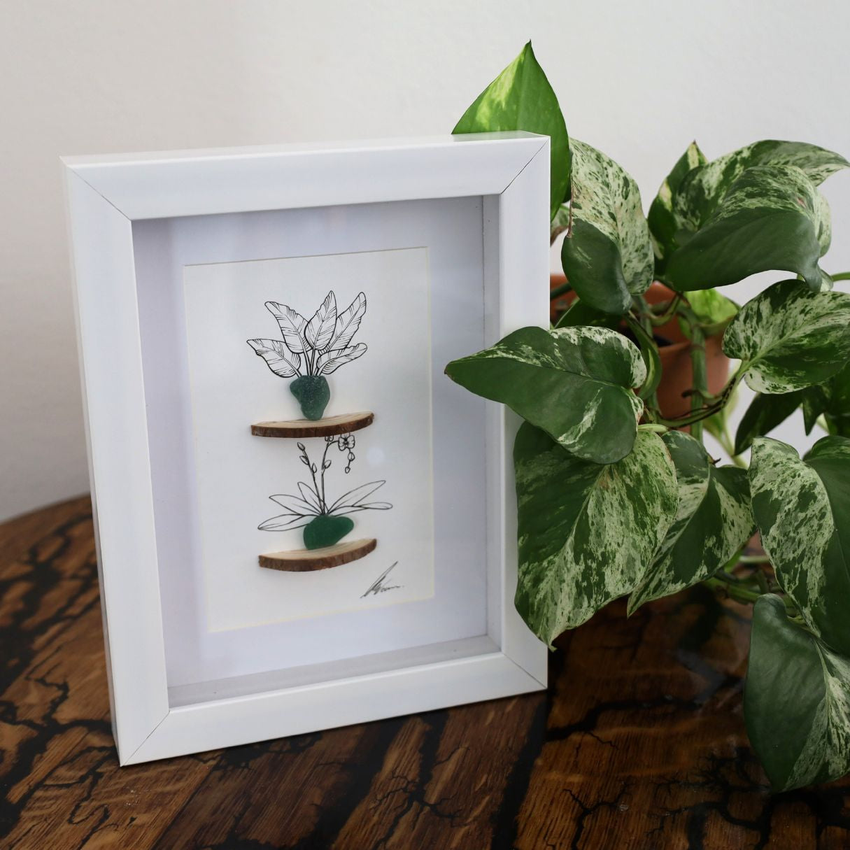 Plants, Sea Glass Pots & Bark Shelf "There’s No Such Thing As Too Nany Plants" (A5 White Shadow Box Frame, Vertical)