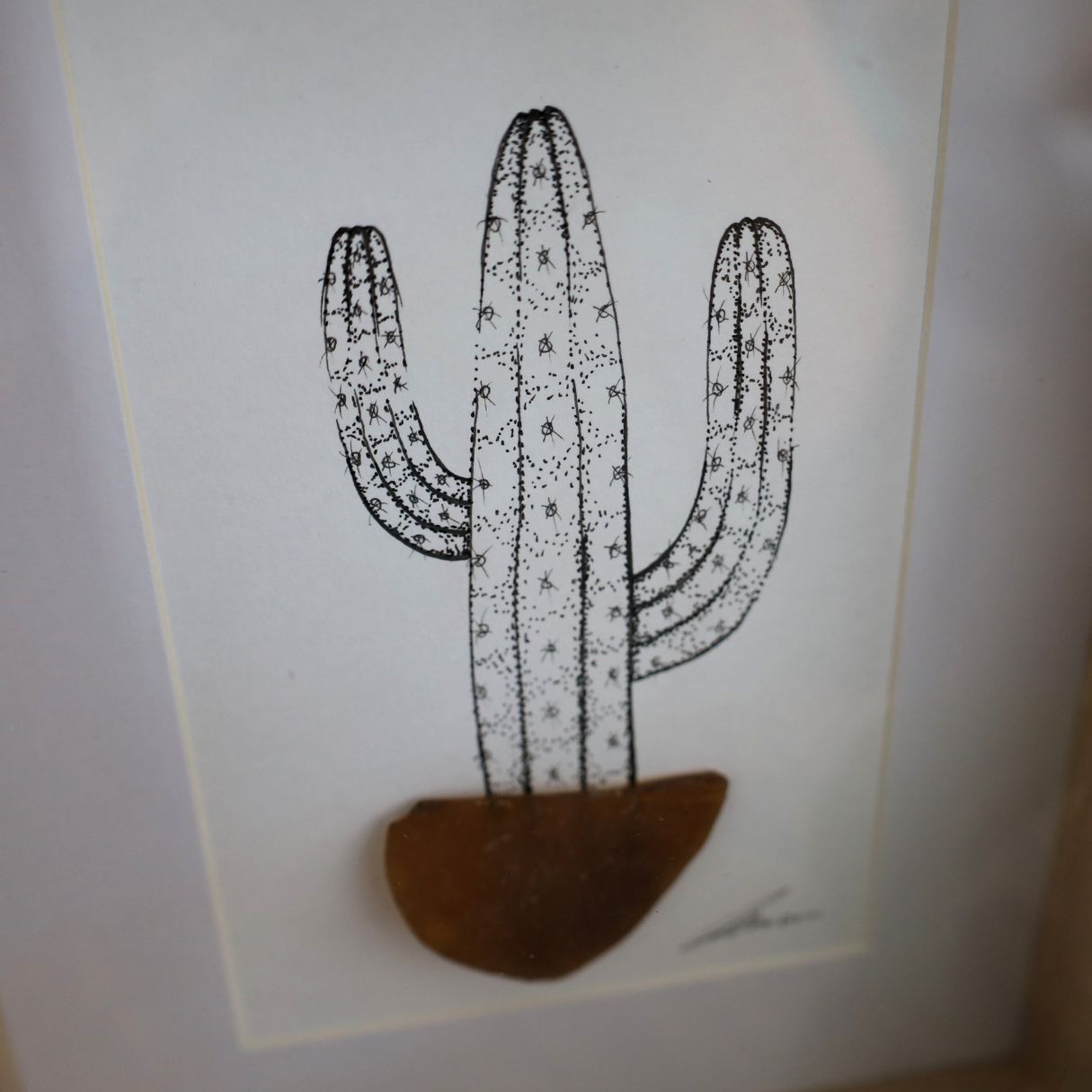 Cacti Sea Glass Pots "Can’t Touch This" (Chunky A5 Tan Shadow Box Frame, Vertical)