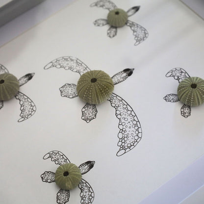 Turtles Sea Urchin Family "Just Keep Swimming" (A4 White Shadow Box Frame, Vertical)