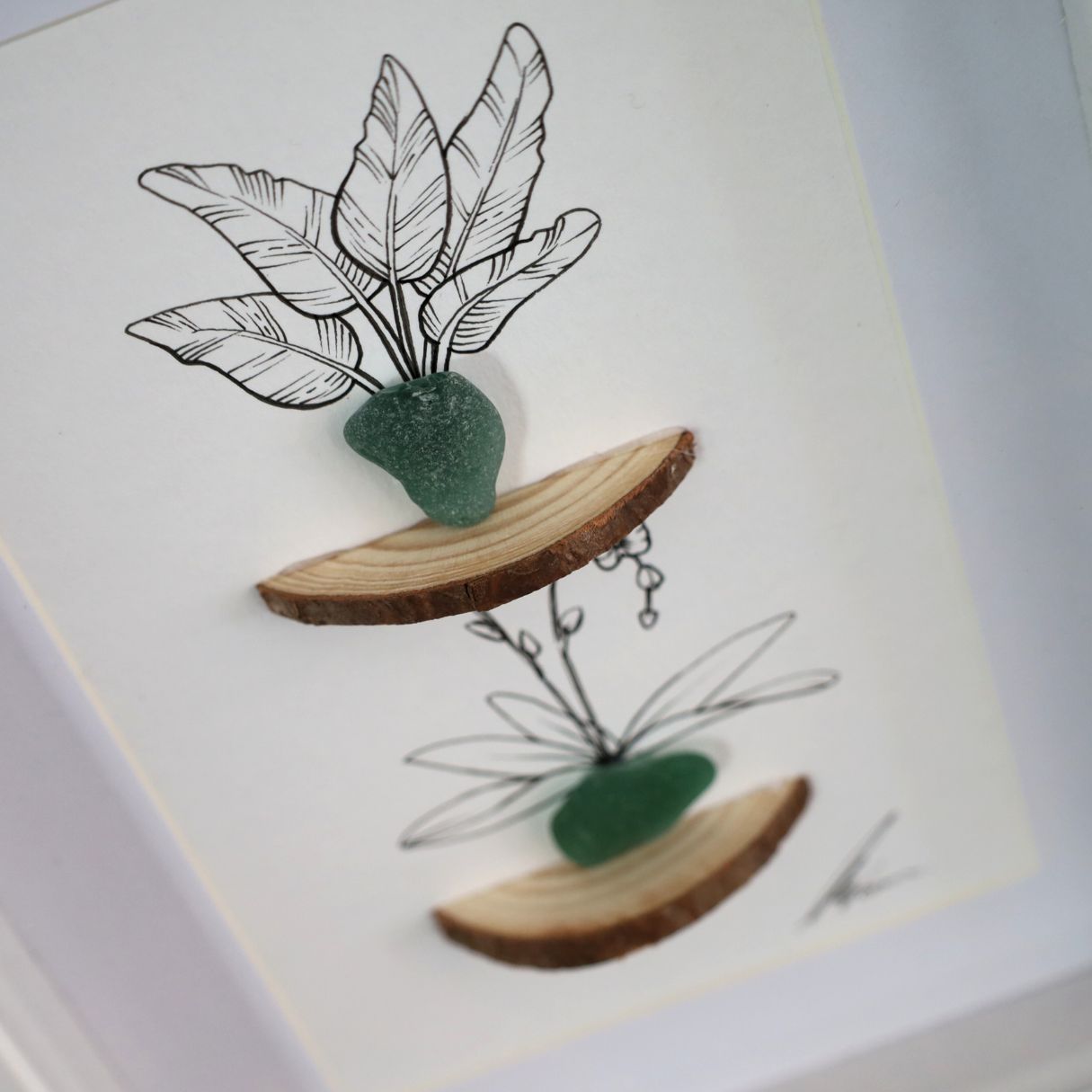 Plants, Sea Glass Pots & Bark Shelf "There’s No Such Thing As Too Nany Plants" (A5 White Shadow Box Frame, Vertical)