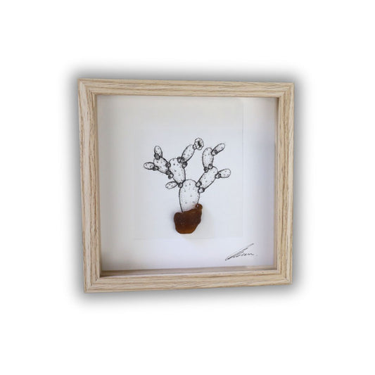 Prickly Pear Sea Glass Pot "Dont Be A Prick" (17x17cm Tan Shadow Box Frame, Square) Sml Bottle Neck
