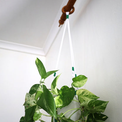 Macramé Plant Hanger "Hang In There" (Hand Knotted) White & Dark Green