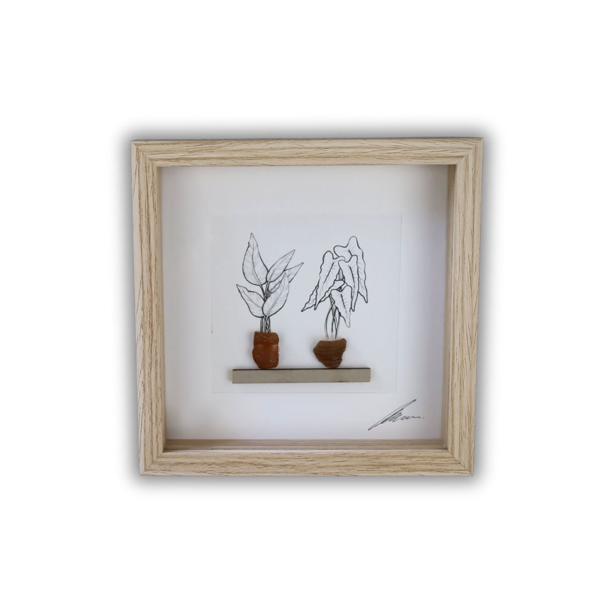 Plants, Sea Glass Pots & Shelf "There’s No Such Thing As Too Many Plants" (17x17cm Tan Shadow Box Frame, Square) Brown