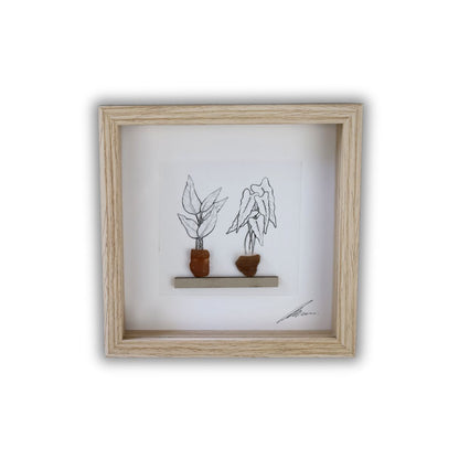 Plants, Sea Glass Pots & Shelf "There’s No Such Thing As Too Many Plants" (17x17cm Tan Shadow Box Frame, Square) Brown