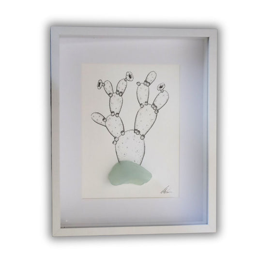 Blooming Prickly Pear & Sea Glass pot "Dont Be A Prick" (Chunky A4 White Shadow Box Frame)