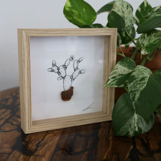 Prickly Pear Sea Glass Pot "Dont Be A Prick" (17x17cm Tan Shadow Box Frame, Square) Sml Bottle Neck