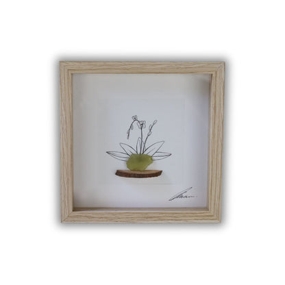 Orchid, Sea Glass Pot & Bark Shelf "There’s No Such Thing As Too Many Plants" (17x17cm Tan Shadow Box Frame, Square) Lime Green