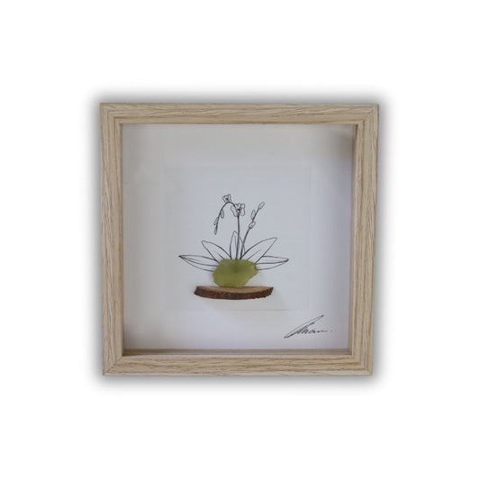 Orchid, Sea Glass Pot & Bark Shelf "There’s No Such Thing As Too Many Plants" (17x17cm Tan Shadow Box Frame, Square) Lime Green