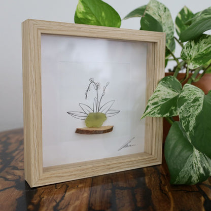 Orchid, Sea Glass Pot & Bark Shelf "There’s No Such Thing As Too Many Plants" (17x17cm Tan Shadow Box Frame, Square) Lime Green