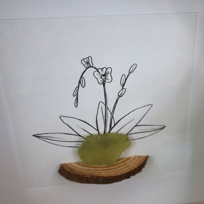 Orchid, Sea Glass Pot & Bark Shelf "There’s No Such Thing As Too Many Plants" (17x17cm Tan Shadow Box Frame, Square) Lime Green