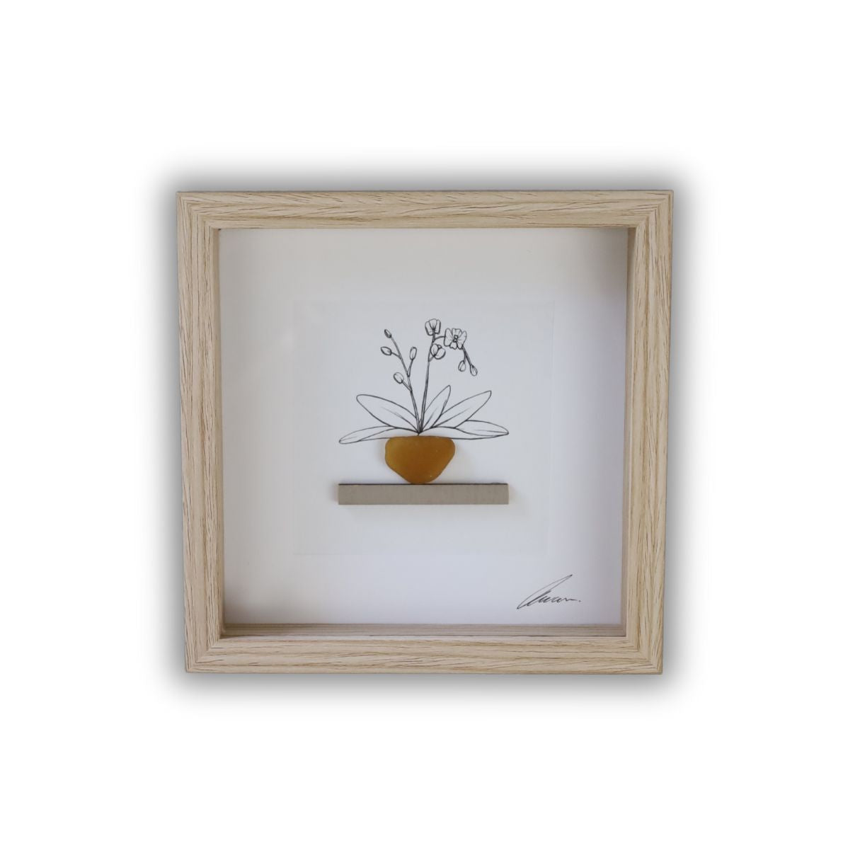 Orchid, Sea Glass Pot & Shelf "There’s No Such Thing As Too Many Plants" (17x17cm Tan Shadow Box Frame, Square)