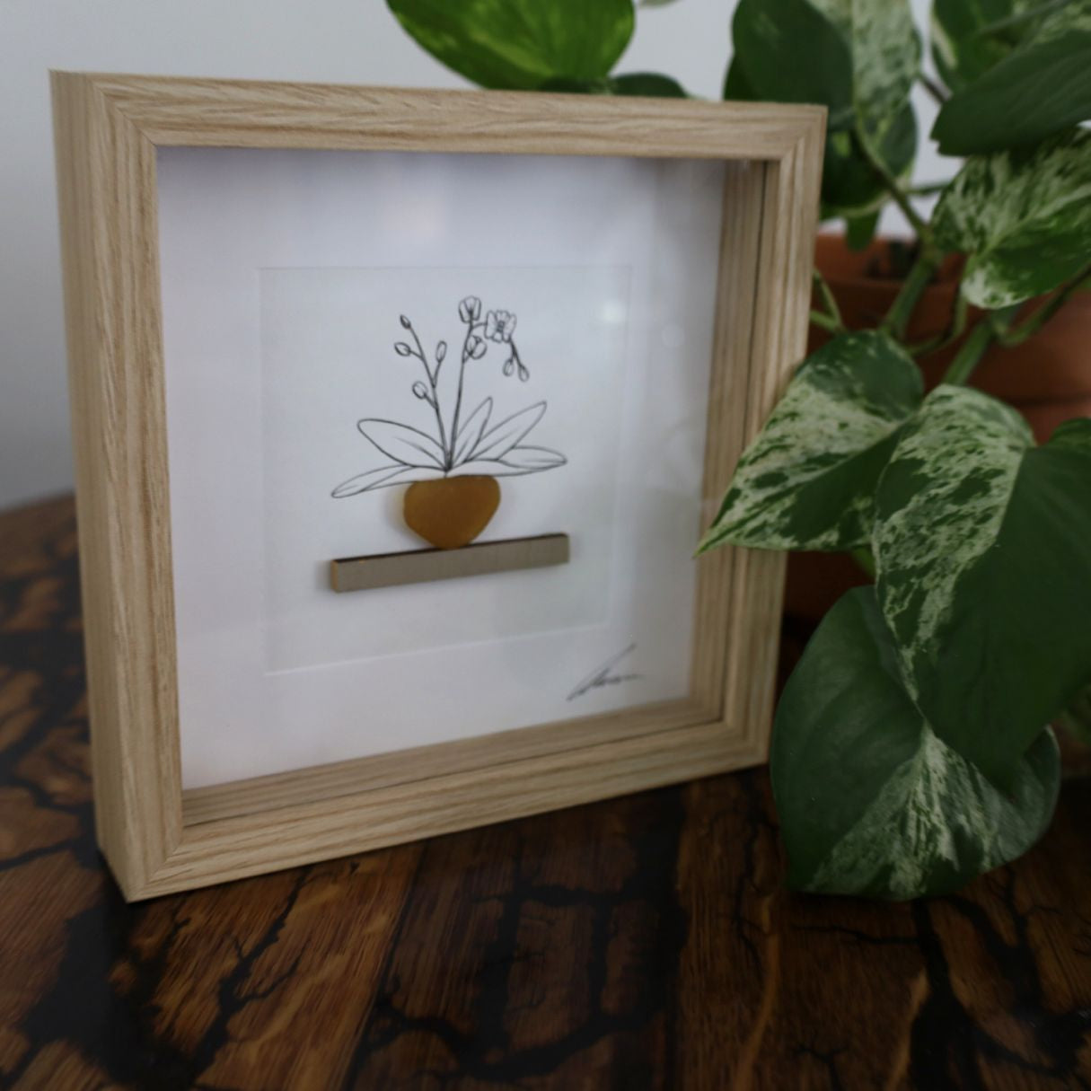 Orchid, Sea Glass Pot & Shelf "There’s No Such Thing As Too Many Plants" (17x17cm Tan Shadow Box Frame, Square)