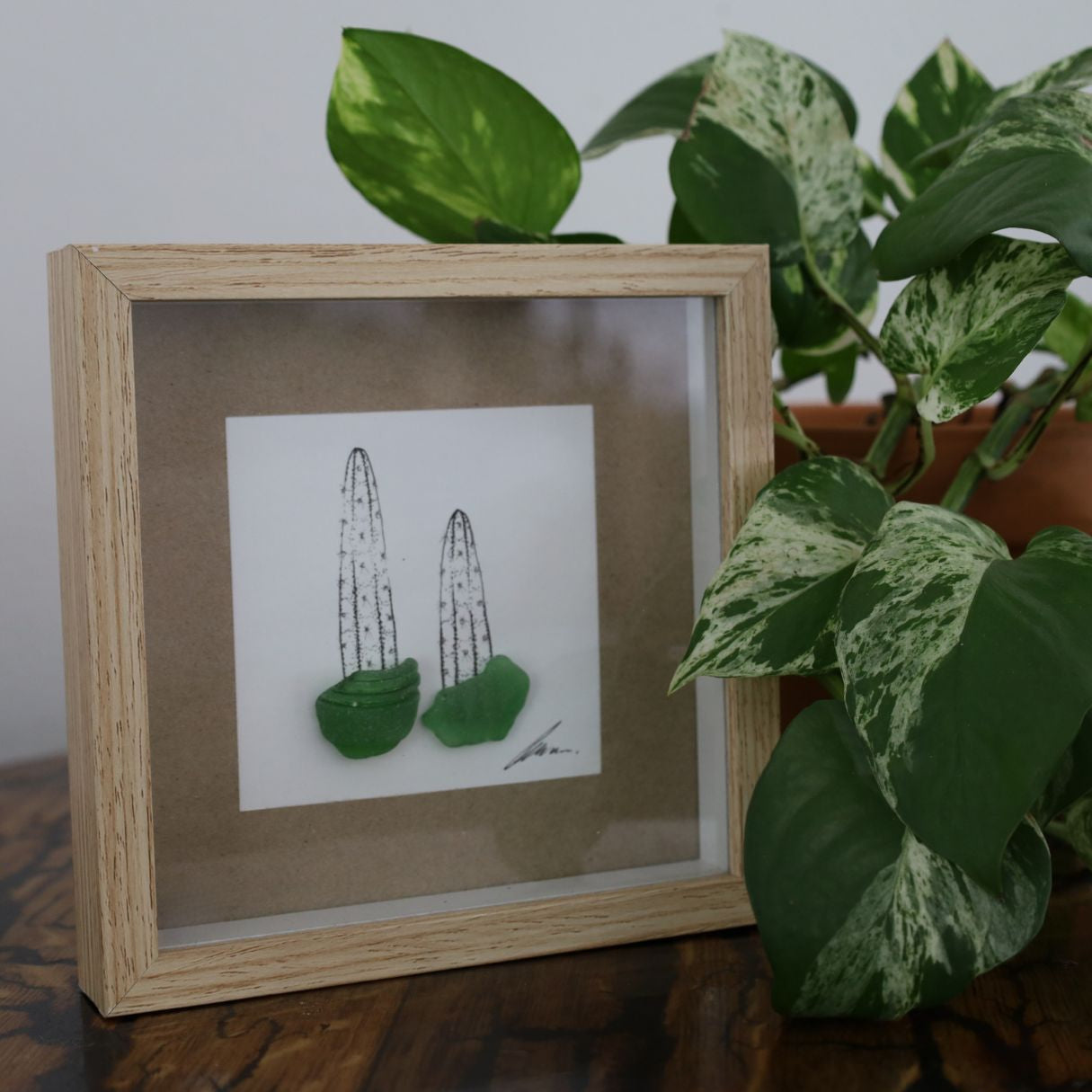 Cacti Sea Glass Pots "Can’t Touch This" (17x17cm Tan Shadow Box Frame, Square)