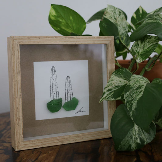 Cacti Sea Glass Pots "Can’t Touch This" (17x17cm Tan Shadow Box Frame, Square)