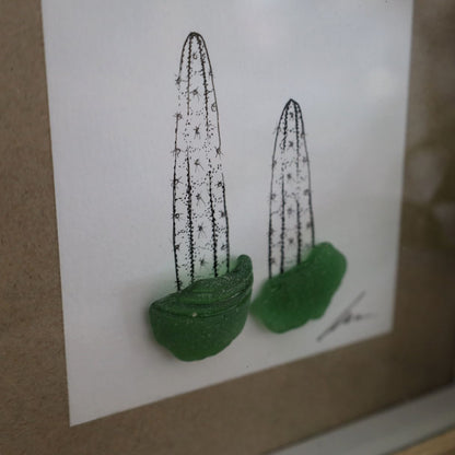 Cacti Sea Glass Pots "Can’t Touch This" (17x17cm Tan Shadow Box Frame, Square)