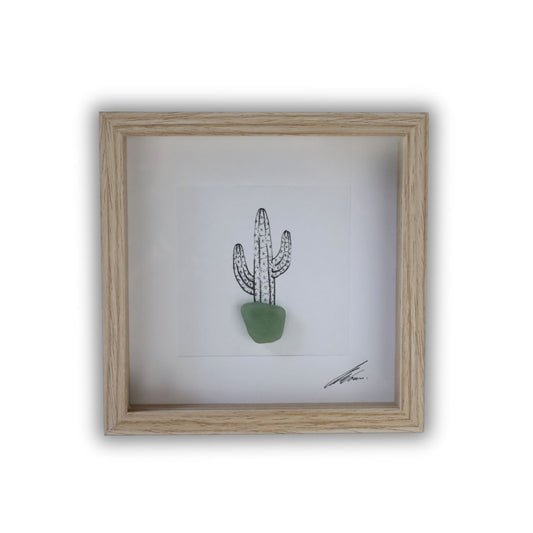 Cactus Sea Glass Pot "Can’t Touch This" (17x17cm Tan Shadow Box Frame, Square)