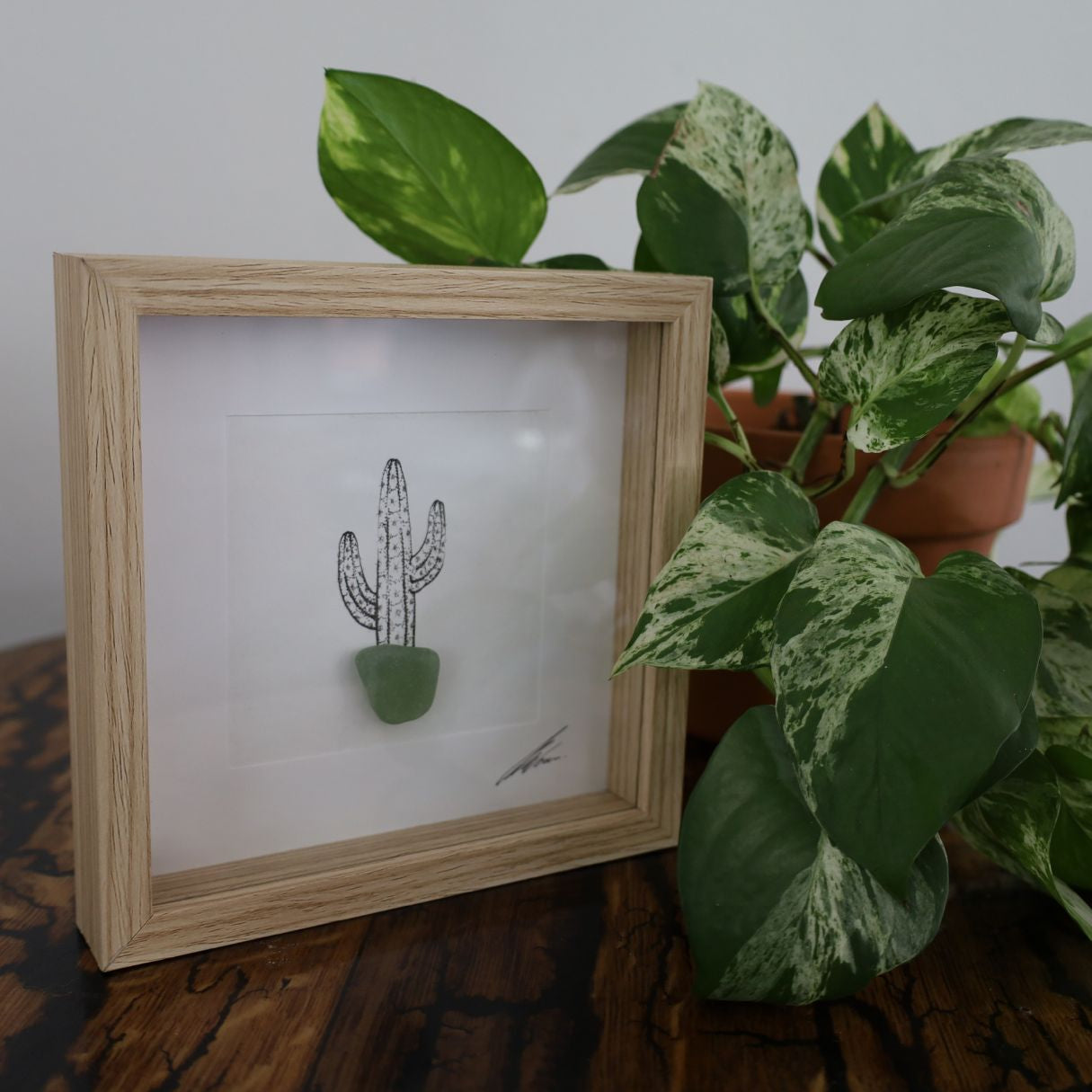 Cactus Sea Glass Pot "Can’t Touch This" (17x17cm Tan Shadow Box Frame, Square)