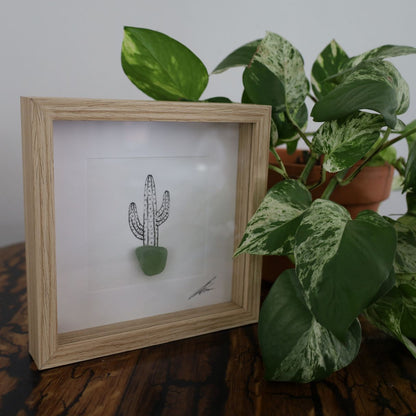 Cactus Sea Glass Pot "Can’t Touch This" (17x17cm Tan Shadow Box Frame, Square)