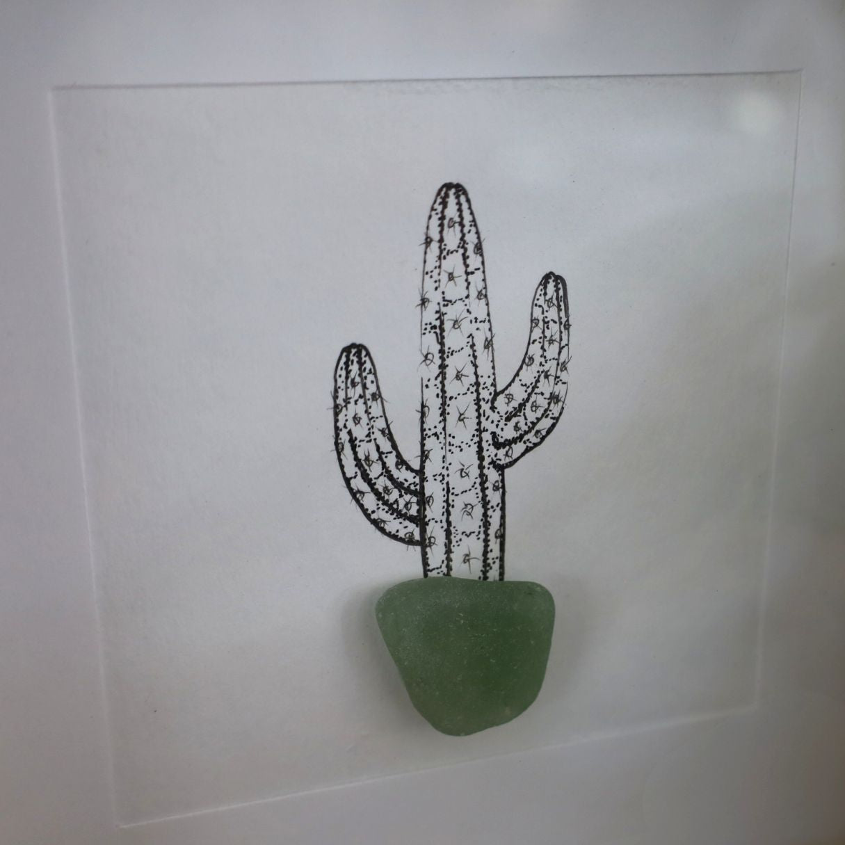 Cactus Sea Glass Pot "Can’t Touch This" (17x17cm Tan Shadow Box Frame, Square)