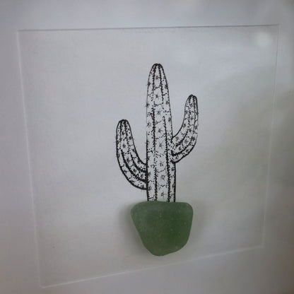 Cactus Sea Glass Pot "Can’t Touch This" (17x17cm Tan Shadow Box Frame, Square)
