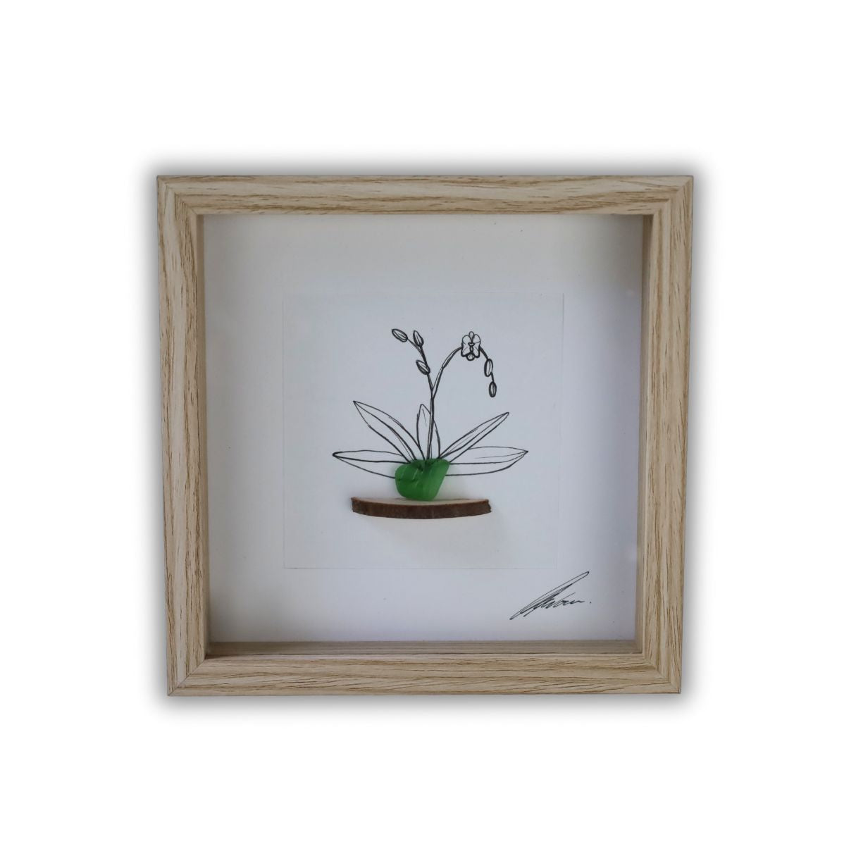 Orchid Sea Glass Pot & Bark Shelf "There’s No Such Thing As Too Many Plants" (17x17cm Tan Shadow Box Frame, Square) Dark Green