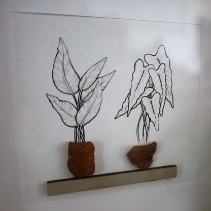 Plants, Sea Glass Pots & Shelf "There’s No Such Thing As Too Many Plants" (17x17cm Tan Shadow Box Frame, Square) Brown