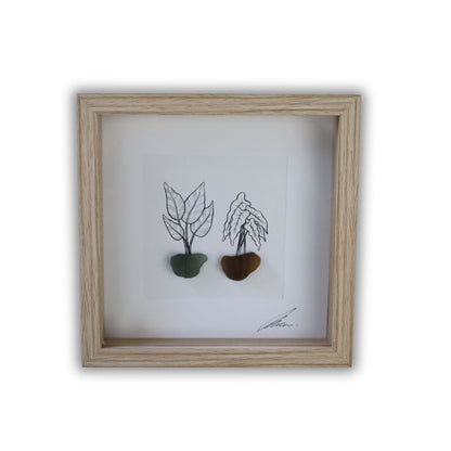Plants, Sea Glass Pots "There’s No Such Thing As Too Many Plants" (17x17cm Tan Shadow Box Frame, Square) Green & Brown