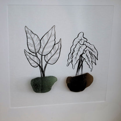 Plants, Sea Glass Pots "There’s No Such Thing As Too Many Plants" (17x17cm Tan Shadow Box Frame, Square) Green & Brown