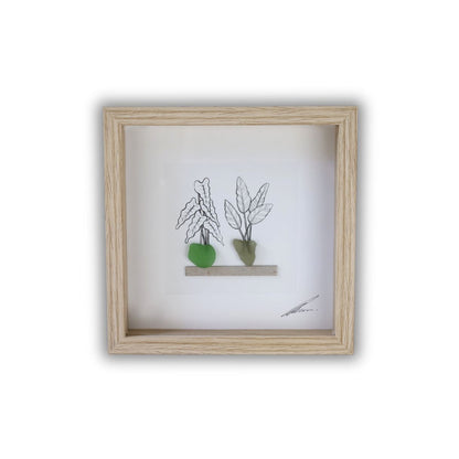 Plants, Sea Glass Pots & Shelf "There’s No Such Thing As Too Many Plants" (17x17cm Tan Shadow Box Frame, Square) Green